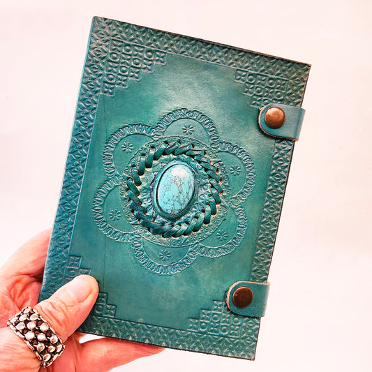 Double Turquoise Leather Bound Journal with a Matching Gemstone Cover.