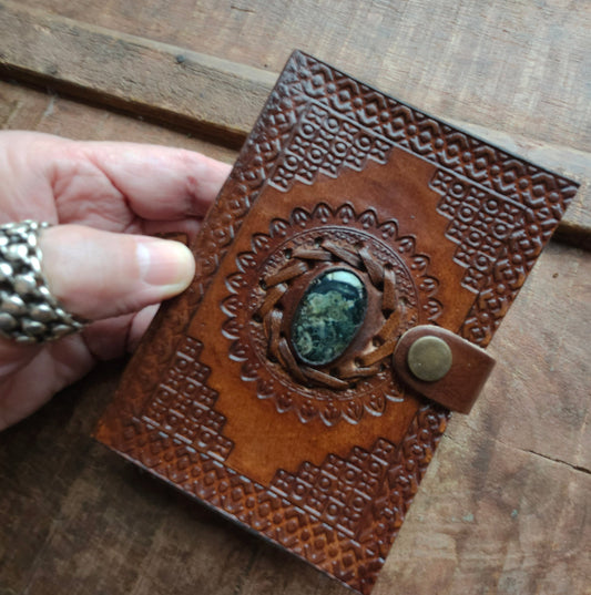 Small Leather Bound Journal. Green Jasper GemstoneCover.