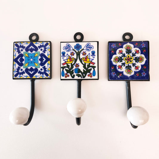 3 Home Decor Wall Hanger Hooks. Birds & Flowers. Blue, White & Yellow Color Combo.