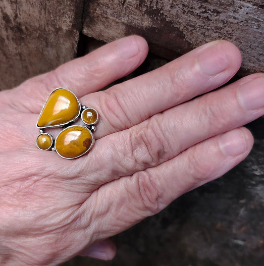 Silver Geometric Ring with 4  Yellow Jasper Gemstones.