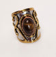 Silver Artisan Handmade Tiger Eye Gemstone Ring. Adjustable Fit. Medieval Aesthetic Poured Brass Overlay Motif. Unique & One of a Kind.