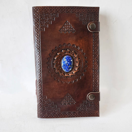 Brown Embossed Genuine Leather Journal with an Inlaid large Lapis Oval Stone.