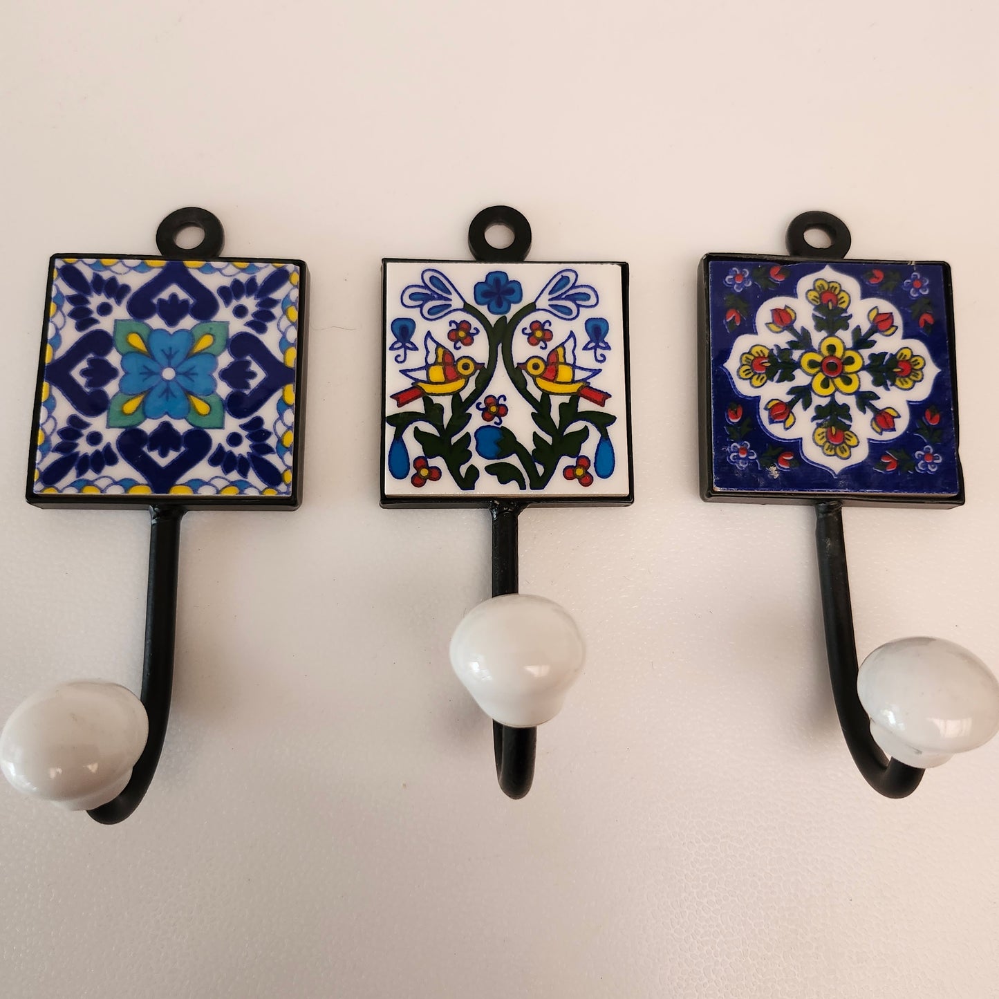 3 Home Decor Wall Hanger Hooks. Birds & Flowers. Blue, White & Yellow Color Combo.