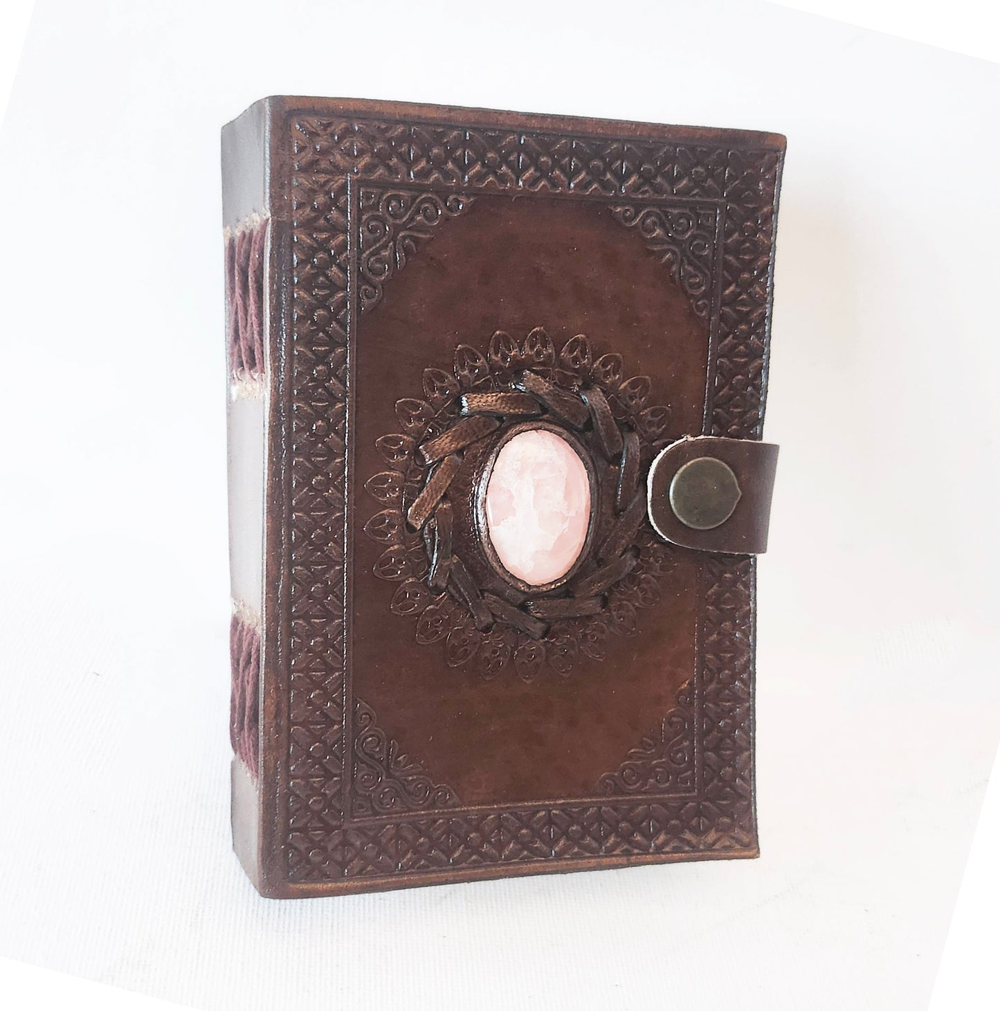 Leather Bound Gemstone Studded Journal with an Inlaid Oval Rose Quartz Stone.