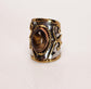 Silver Artisan Handmade Tiger Eye Gemstone Ring. Adjustable Fit. Medieval Aesthetic Poured Brass Overlay Motif. Unique & One of a Kind.
