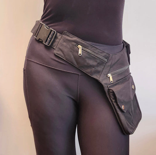 Utility festival belt in black,army green, blue. Unisex travel & shopping money belt.  Adjustable to 48 inches. 6 pockets-4 zip, 2 cargo . Handy coin pouch.