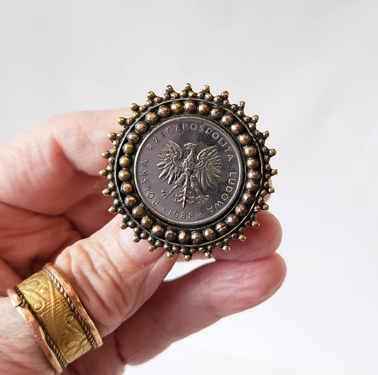 Silver Vintage Coin Ring  with Bronze Detail. Adjustable Size Finger Band.
