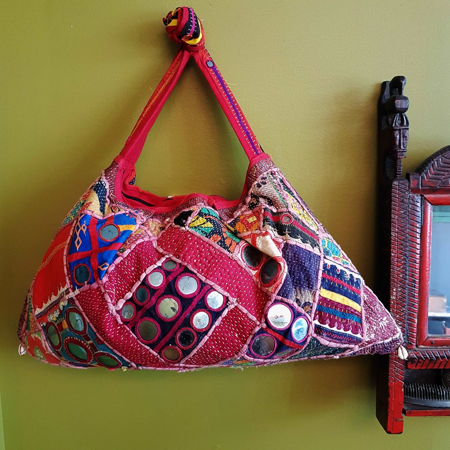 Banjara shoulder bag. Authentic vintage tribal gypsy dowry bag in red & royal blue with hand embroidery. Spectacular mirrorwork decoration.