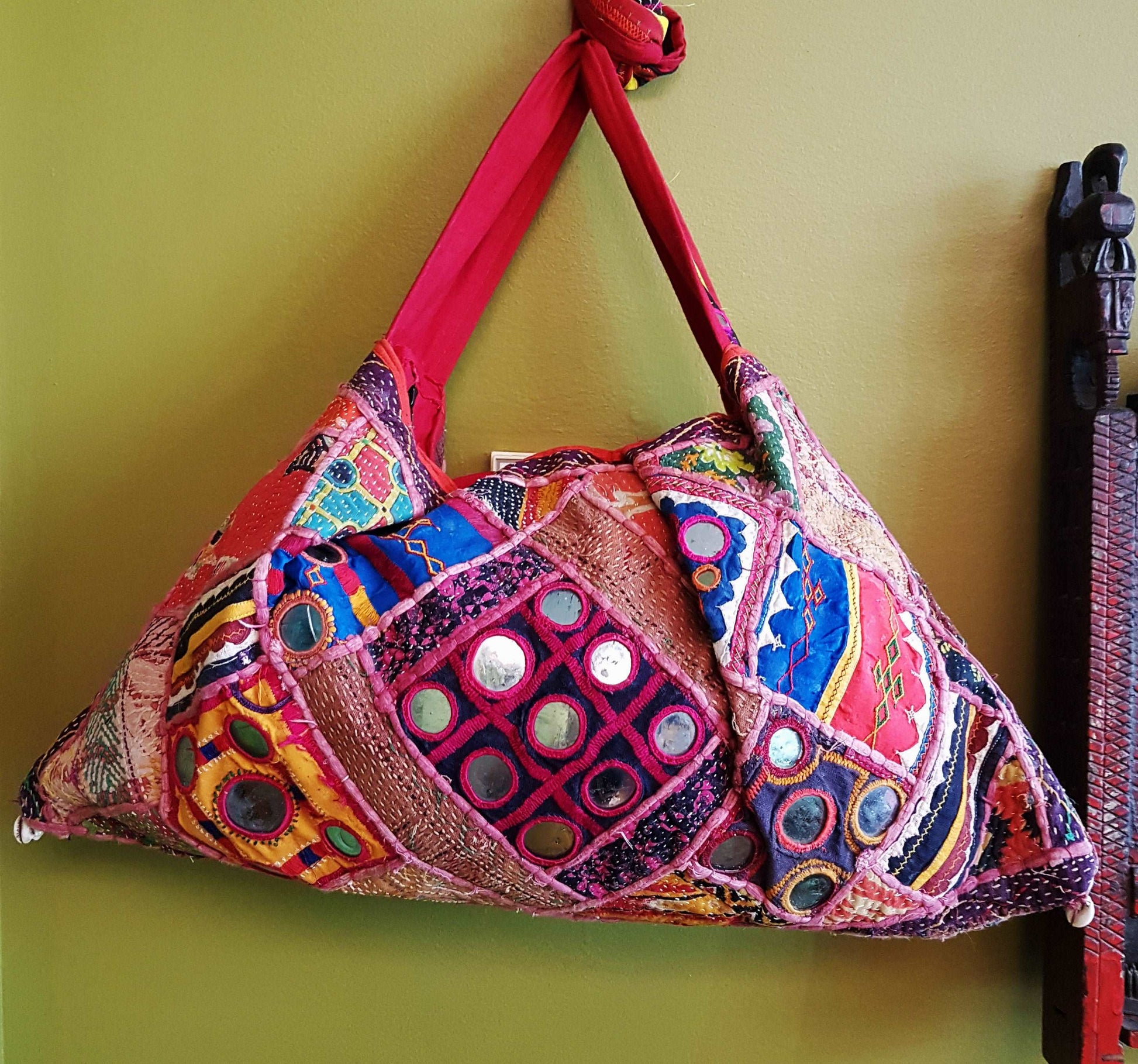 Banjara shoulder bag. Authentic vintage tribal gypsy dowry bag in red & royal blue with hand embroidery. Spectacular mirrorwork decoration.