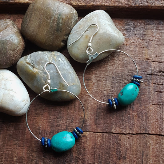 Silver hoop earrings with Tibetan turquoise stones and small Lapis beads.