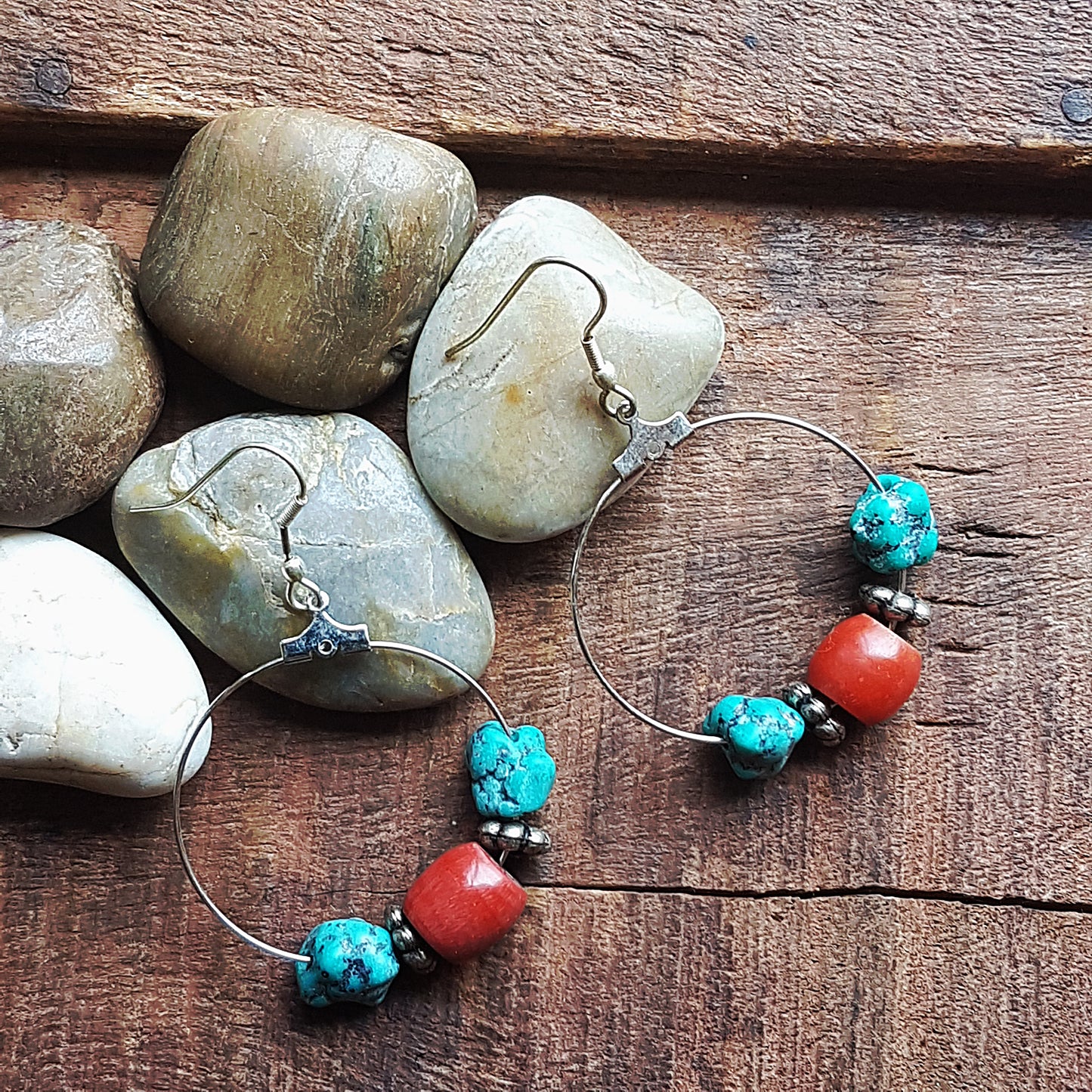 Silver hoop earrings with coral beads & raw turquoise stones.