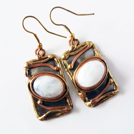 Rectangle Shape Moonstone Earrings in a Unique Silver-Gold Setting.