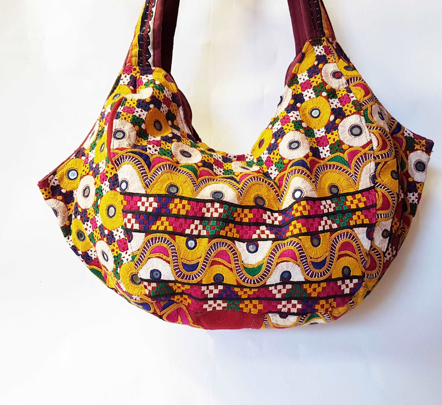 Banjara shoulder bag. Authentic vintage tribal gypsy tote with cowrie shell decoration & embroidered mirror work. One of a kind. Rare find.