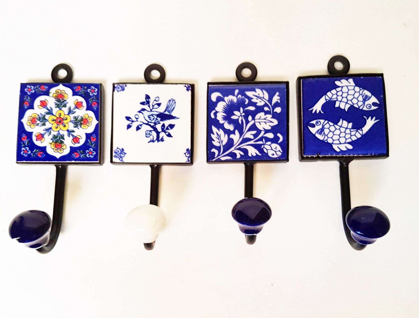 4 Zen blue and white coat hooks, wall hooks, cup hooks, towel hooks with smooth ball ends. Hand painted ceramic tile. 4.5 by 2 inches.