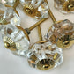 12 clear crystal cabinet knob pulls scalloped shape with large gold centers & hardware.