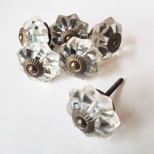 6 Crystal clear glass cabinet knobs vintage style bronze accents. Drawer pulls, cupboard and wardrobe knobs. 2 inch diameter approximately. - Vintage India Ca