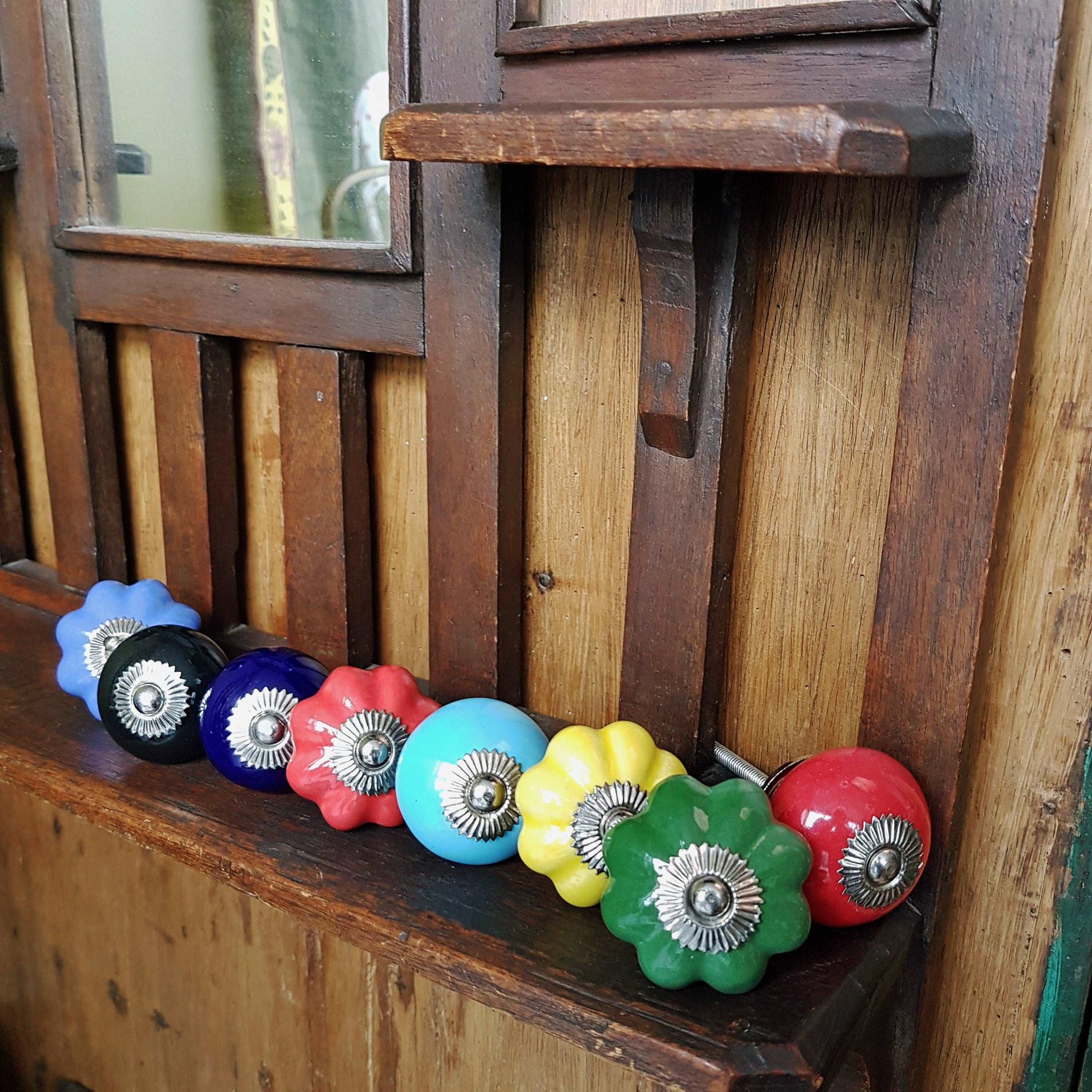 8 cabinet knobs-drawer pulls for cupboards & dressers. Ceramic 8 piece hardware set of vibrant solid colors. 1.5 inch diameter. - Vintage India Ca