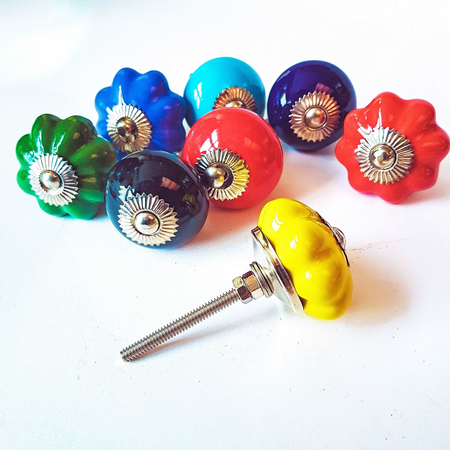 8 cabinet knobs-drawer pulls for cupboards & dressers. Ceramic 8 piece hardware set of vibrant solid colors. 1.5 inch diameter. - Vintage India Ca
