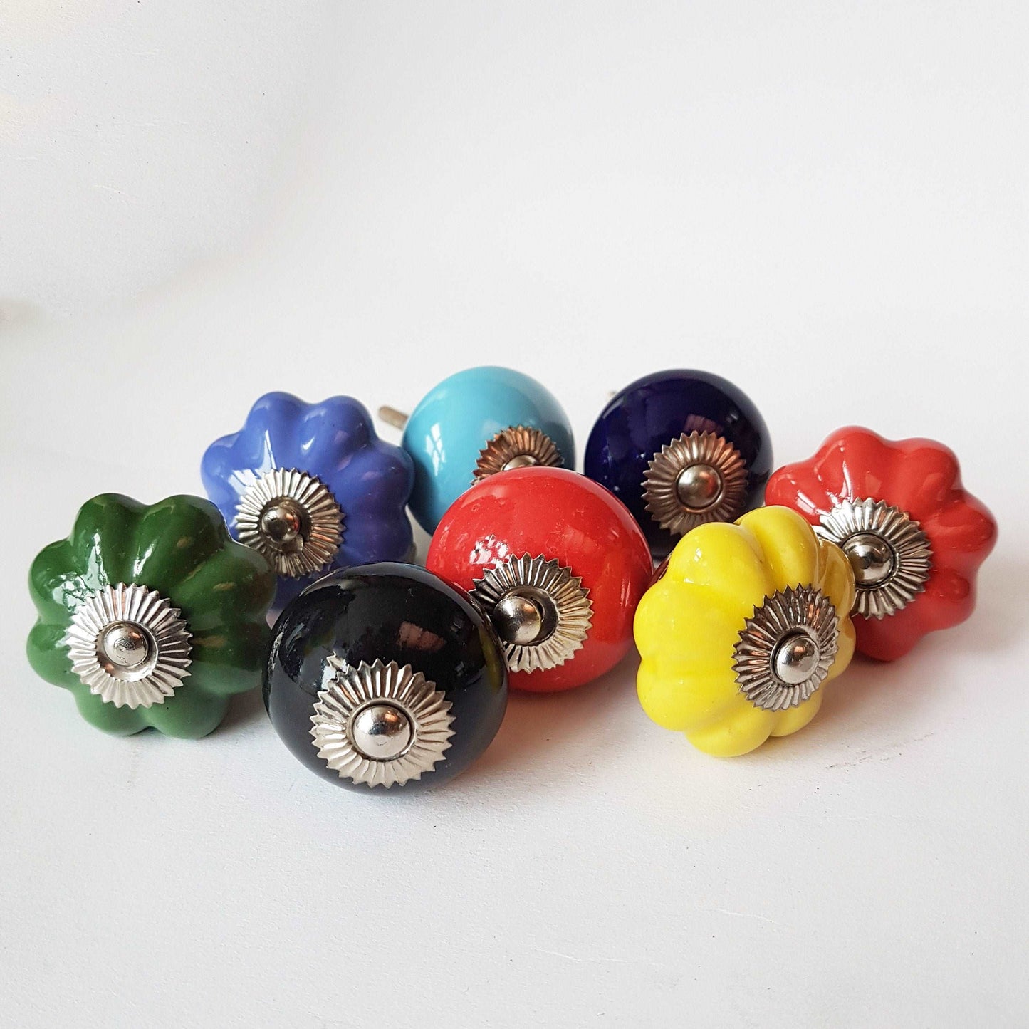 8 cabinet knobs-drawer pulls for cupboards & dressers. Ceramic 8 piece hardware set of vibrant solid colors. 1.5 inch diameter. - Vintage India Ca