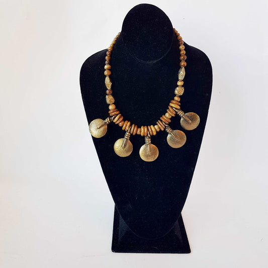 Bronze metal disc pendant necklace with rustic handmade beads. Classic old world tribal design 19 inches long. Versatile casual to dressy. - Vintage India Ca