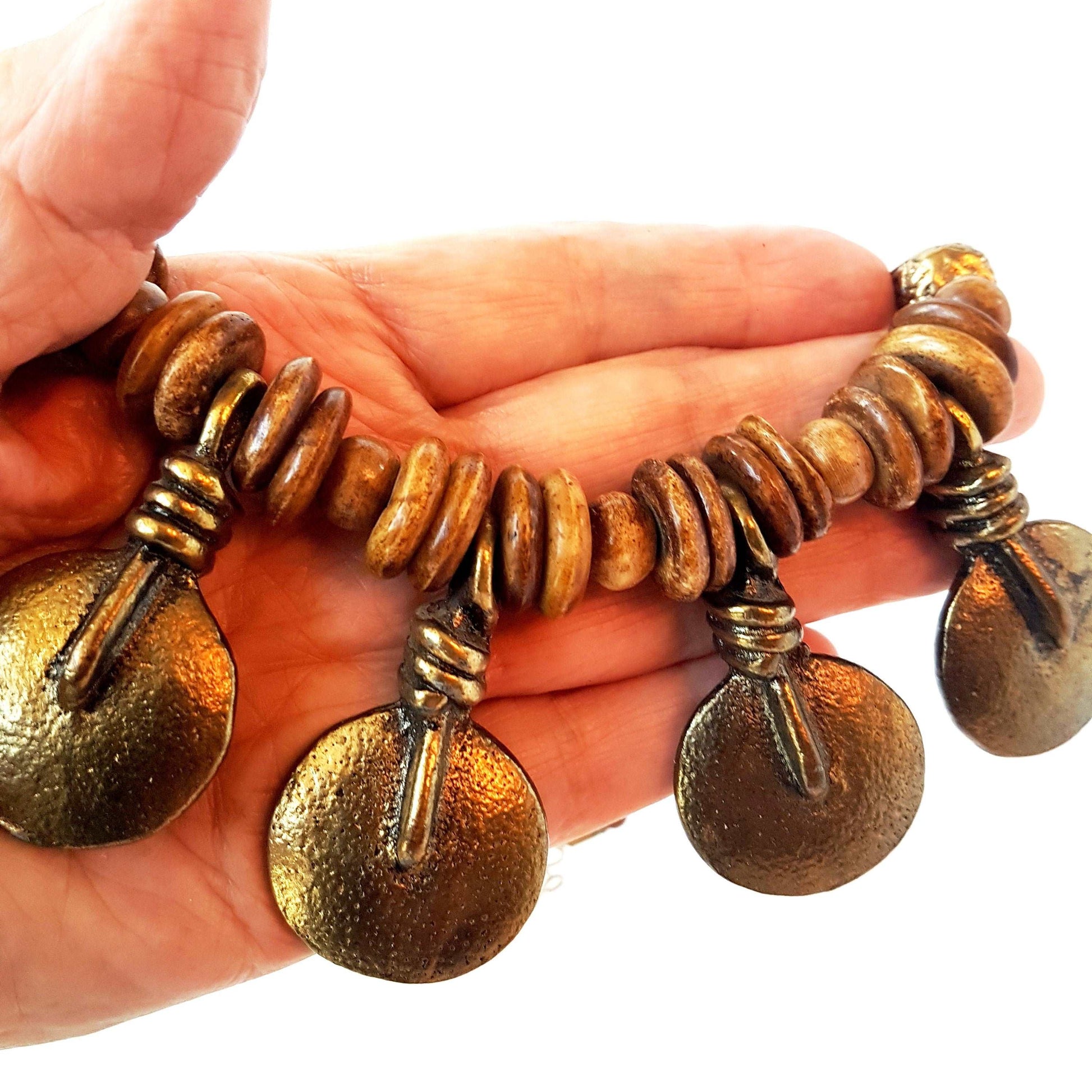 Bronze metal disc pendant necklace with rustic handmade beads.  Classic old world tribal design 19 inches long. Versatile casual to dressy. - Vintage India Ca