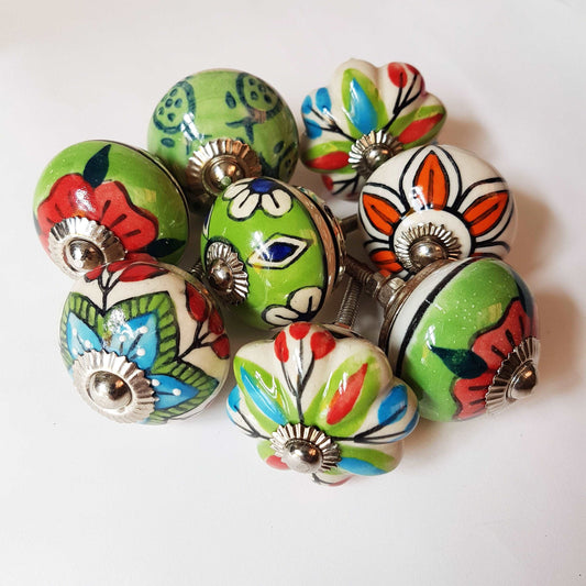8 piece set of cabinet knobs and dresser drawer pulls. Lime Mango Collection of 8 cupboard knobs painted in colorful floral designs. - Vintage India Ca