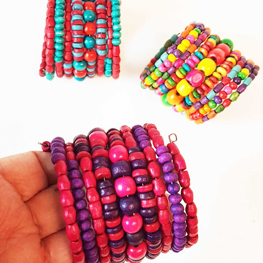 Colorful coil wrap spiral bracelet with adjustable memory wire. Tribal boho ethnic statement. Vibrant summer festival bracelets in 3 combos. - Vintage India Ca
