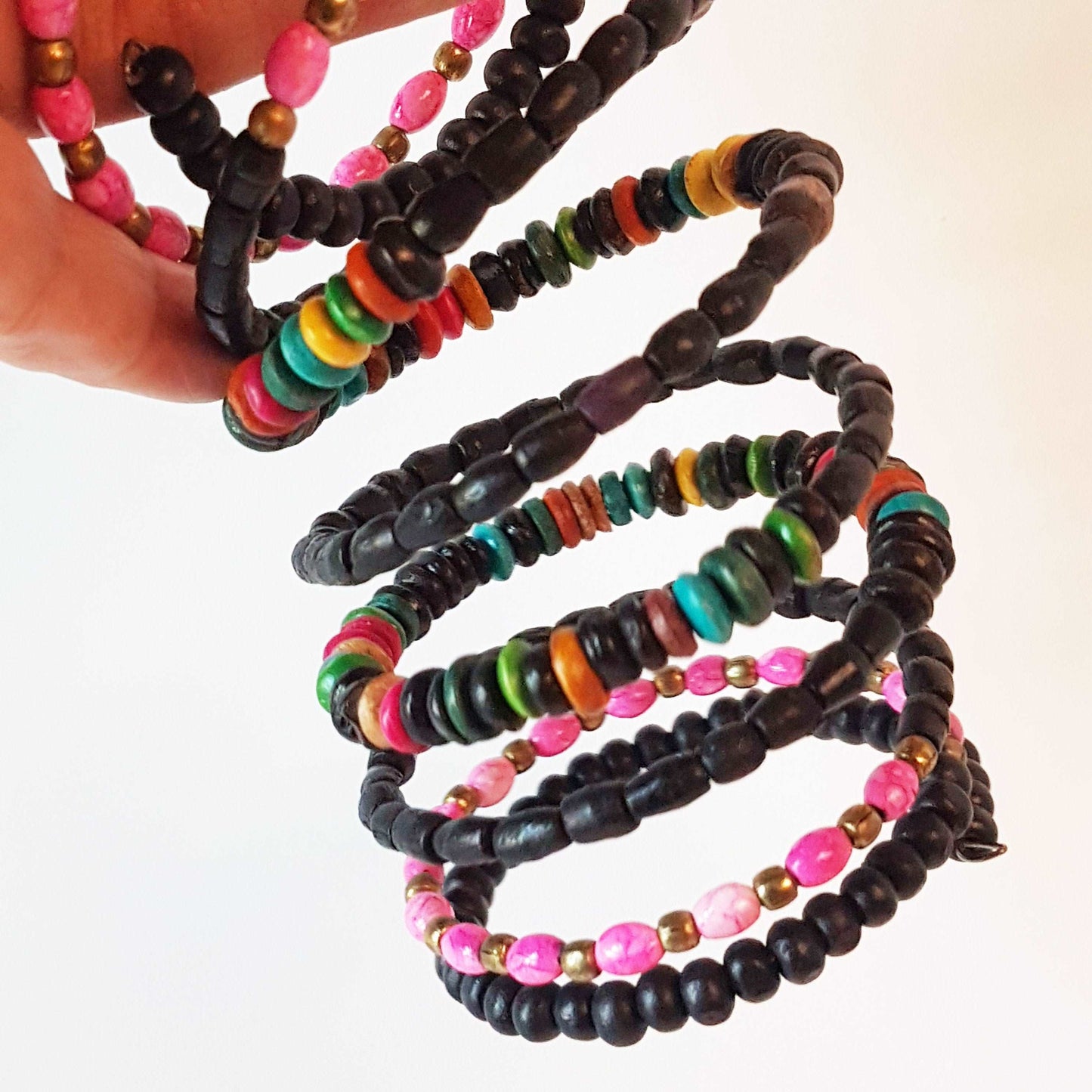 Colorful coil wrap spiral bracelet with adjustable memory wire. Tribal boho ethnic statement. Vibrant summer festival bracelets in 3 combos. - Vintage India Ca