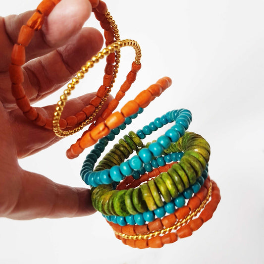 Colorful coil wrap spiral bracelet with adjustable memory wire. Tribal boho ethnic statement. Vibrant summer festival bracelets in 3 combos. - Vintage India Ca