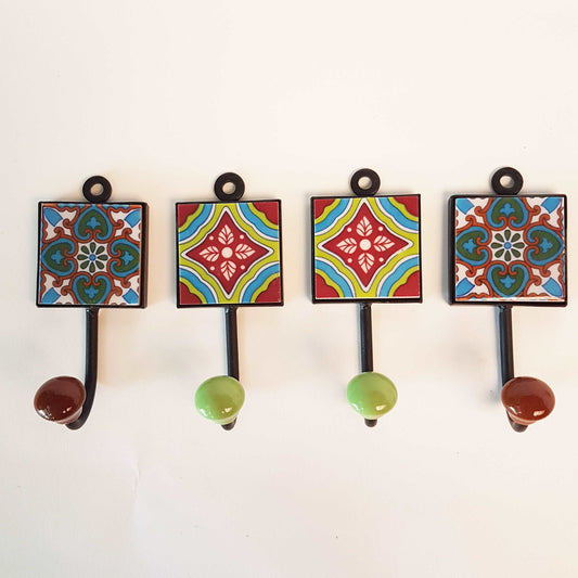 4 coat hooks-kitchen & bath hooks. Unique functional home decorating. Hand painted exclusive designer set of cup, apron and towel hooks. - Vintage India Ca