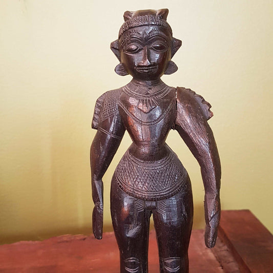 Antique ebony wood figurine from South India. Vintage black wooden statue representing male energy of Shiva. 10 inch height . Collectible. - Vintage India Ca
