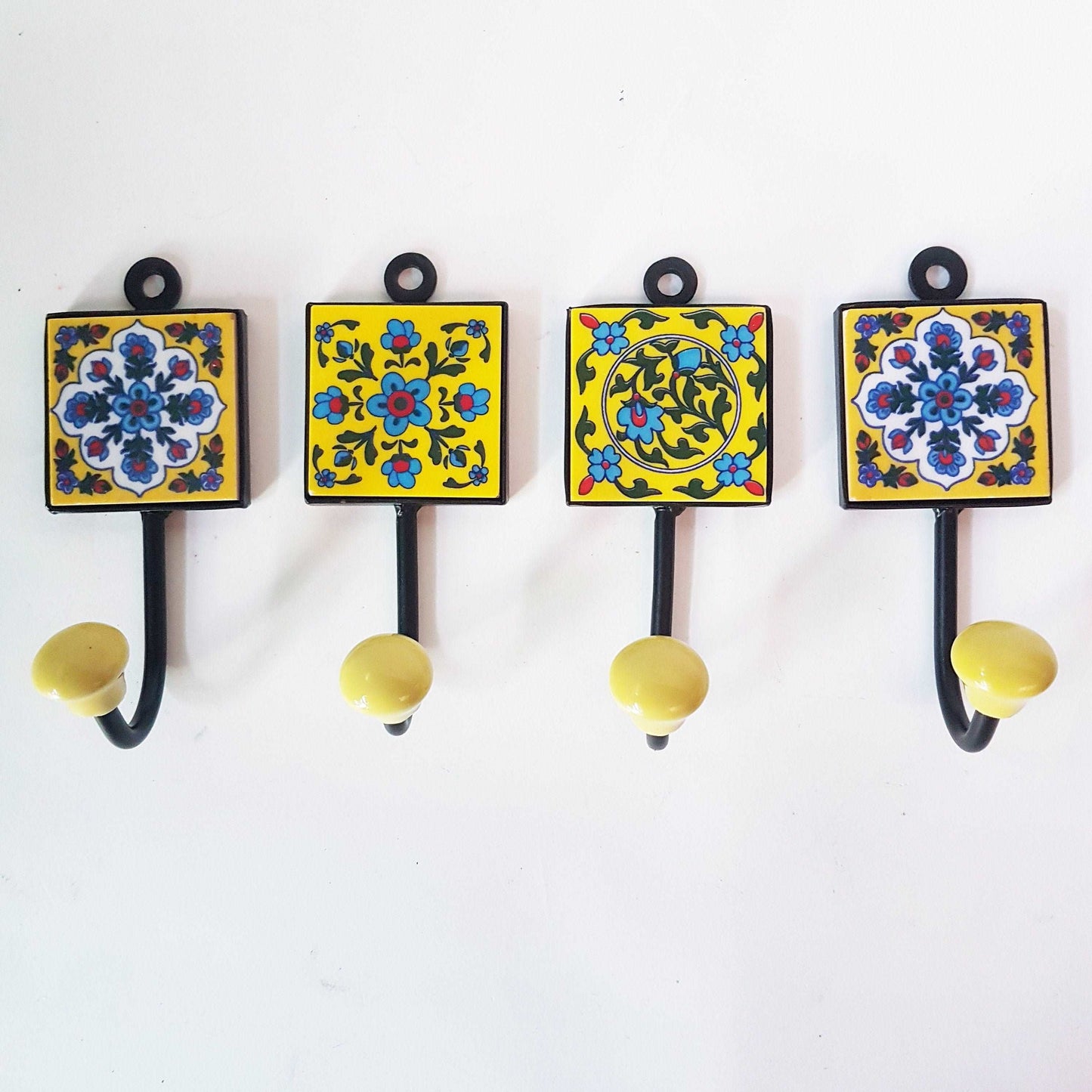 4 coat hooks-cup hooks-towel hooks-hand painted Papillon home decor collection. Wall hooks for kitchen, bedroom, bathroom. 2 by 5 inches. - Vintage India Ca