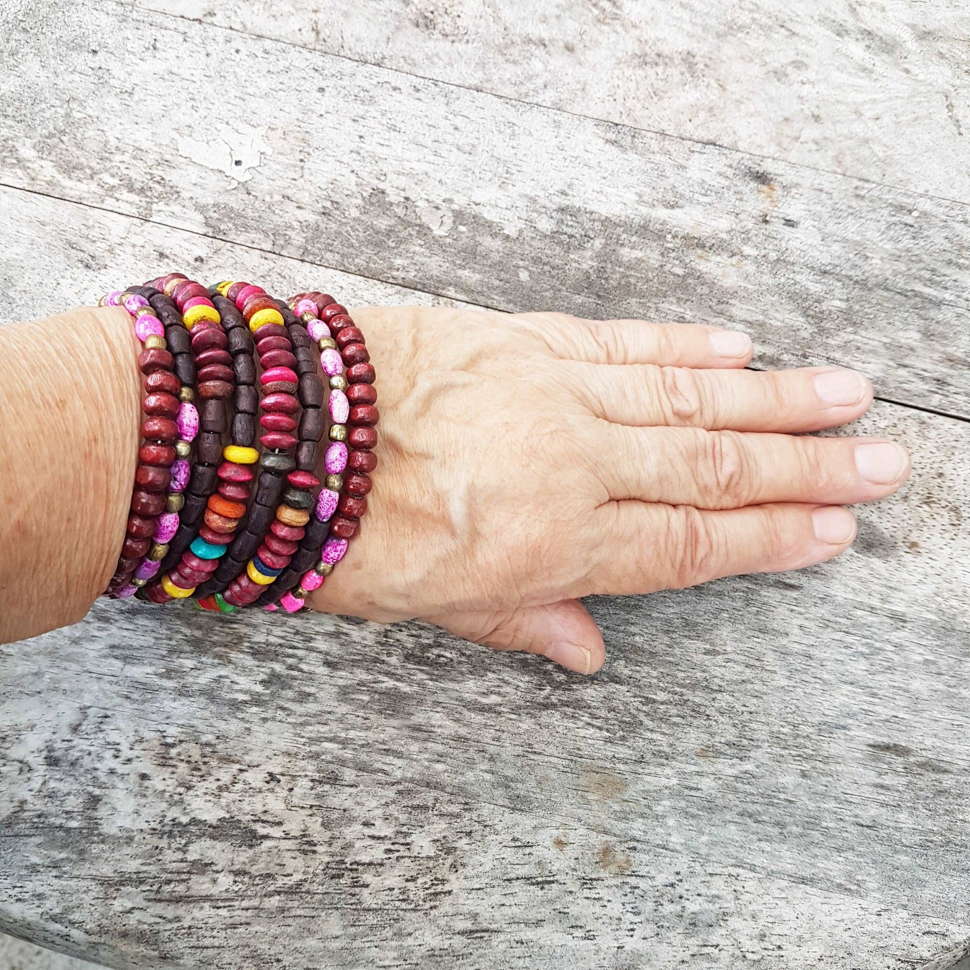 Colorful coil wrap spiral bracelet with adjustable memory wire. Tribal boho ethnic statement. Vibrant summer festival bracelets in 3 combos. - Vintage India Ca