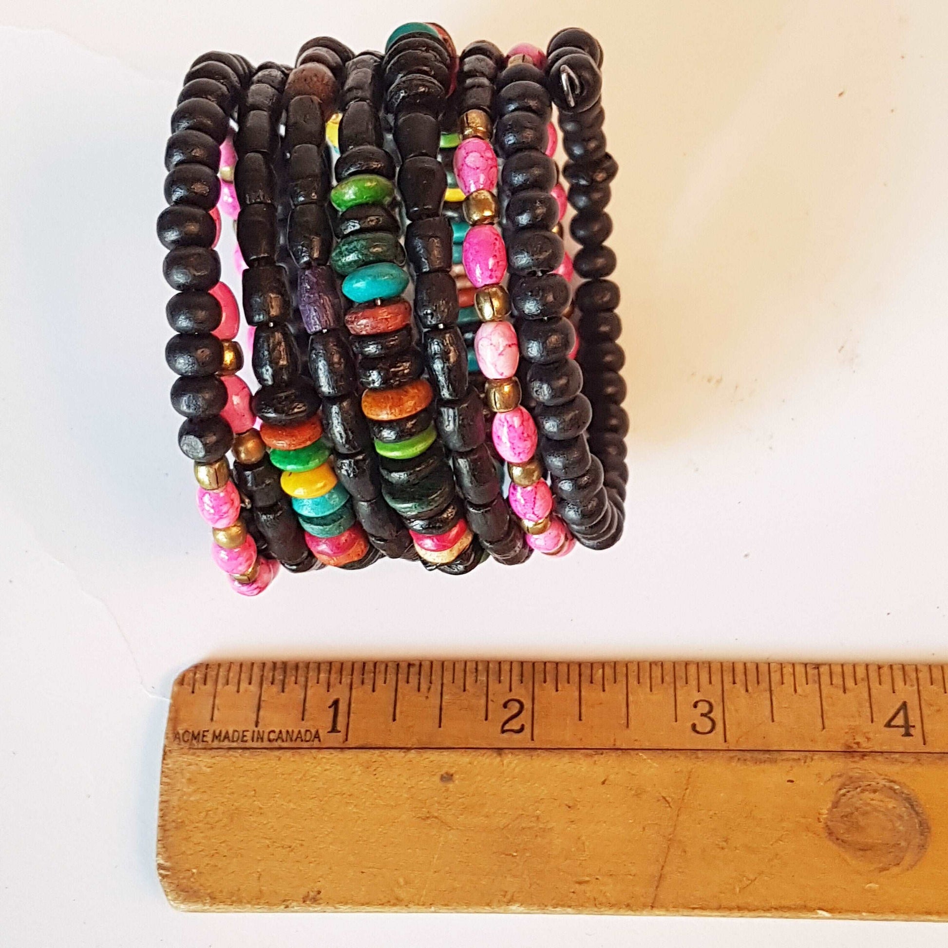 Colorful coil wrap spiral bracelet with adjustable memory wire. Tribal boho ethnic statement. Vibrant summer festival bracelets in 3 combos. - Vintage India Ca