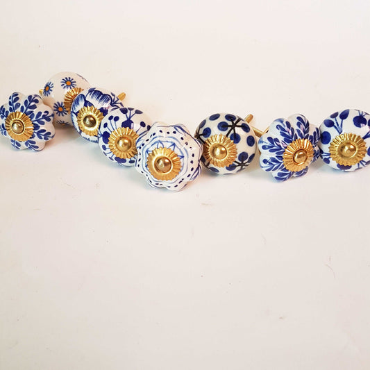 8 Delft blue cupboard knobs, ceramic hand painted, for cabinets, furniture and home decorating. Antique vintage drawer pulls. 1.5 inches. - Vintage India Ca