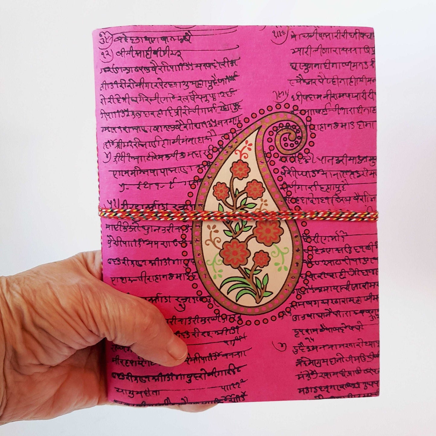 Blank notebook with fuscia pink floral paisley design cover 6x8 inch. Use as sketchbook, bullet journal, diary. Premium handmade paper. - Vintage India Ca