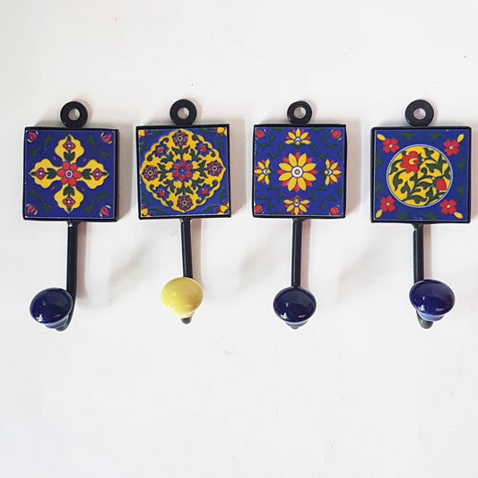 4 coat hooks-cup hooks-towel hooks-hand painted Provencale home decor collection. Wall hooks for kitchen, bedroom, bathroom. 2 by 5 inches. - Vintage India Ca