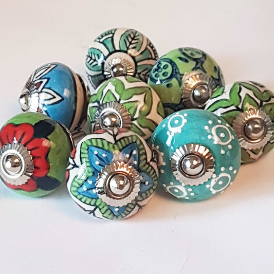 8 Rainforest blue-green cupboard knobs, ceramic hand painted, for cabinets, furniture and home decorating. Antique vintage drawer pulls. - Vintage India Ca
