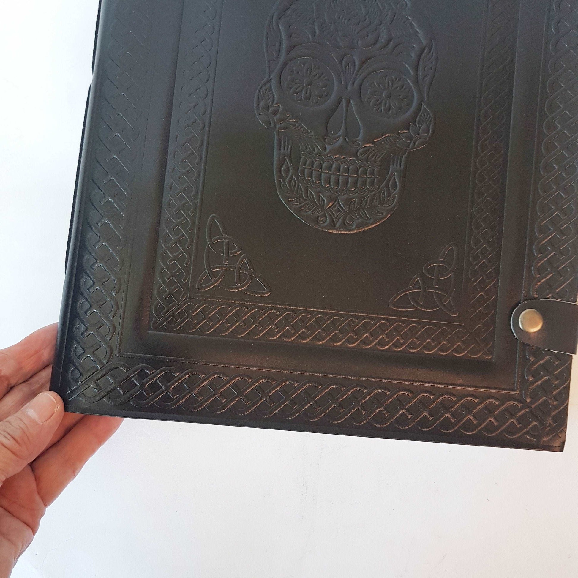 Black leather skull journal. Large album with blank pages. Use as sketchbook, diary, book of shadows. Halloween-wiccan-pagan theme gift. - Vintage India Ca