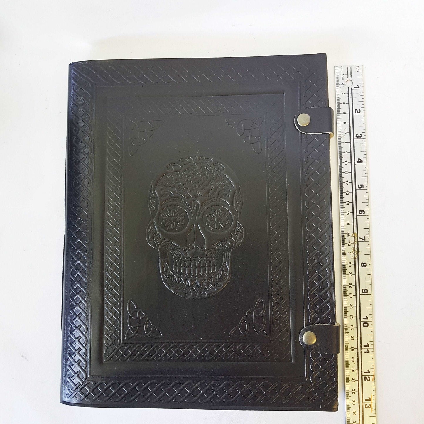 Black leather skull journal. Large album with blank pages. Use as sketchbook, diary, book of shadows. Halloween-wiccan-pagan theme gift. - Vintage India Ca