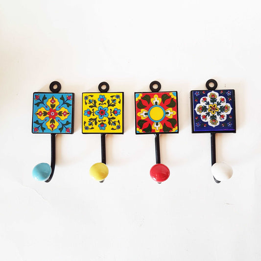 4 Mediterranean design coat hooks-cup hooks-towel hooks-hand painted home decor wall hooks for kitchen, bedroom, bathroom. 2 by 4.5 inches. - Vintage India Ca
