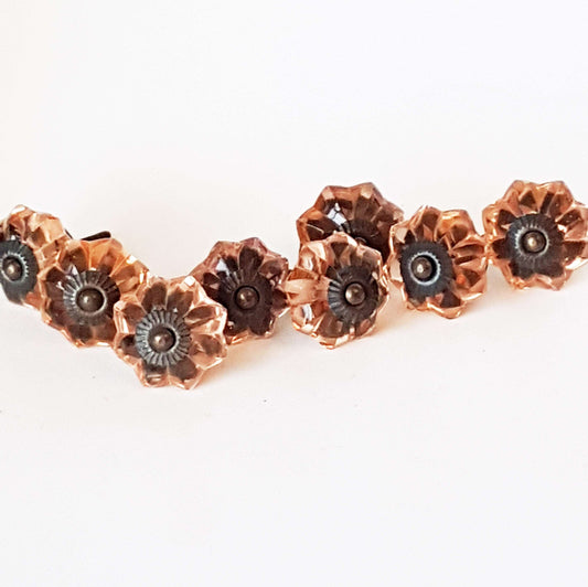 8 pink crystal cabinet knobs for furniture refinishing. Rose quartz gemstone look pulls in scalloped shape. 3 hardware color options. - Vintage India Ca