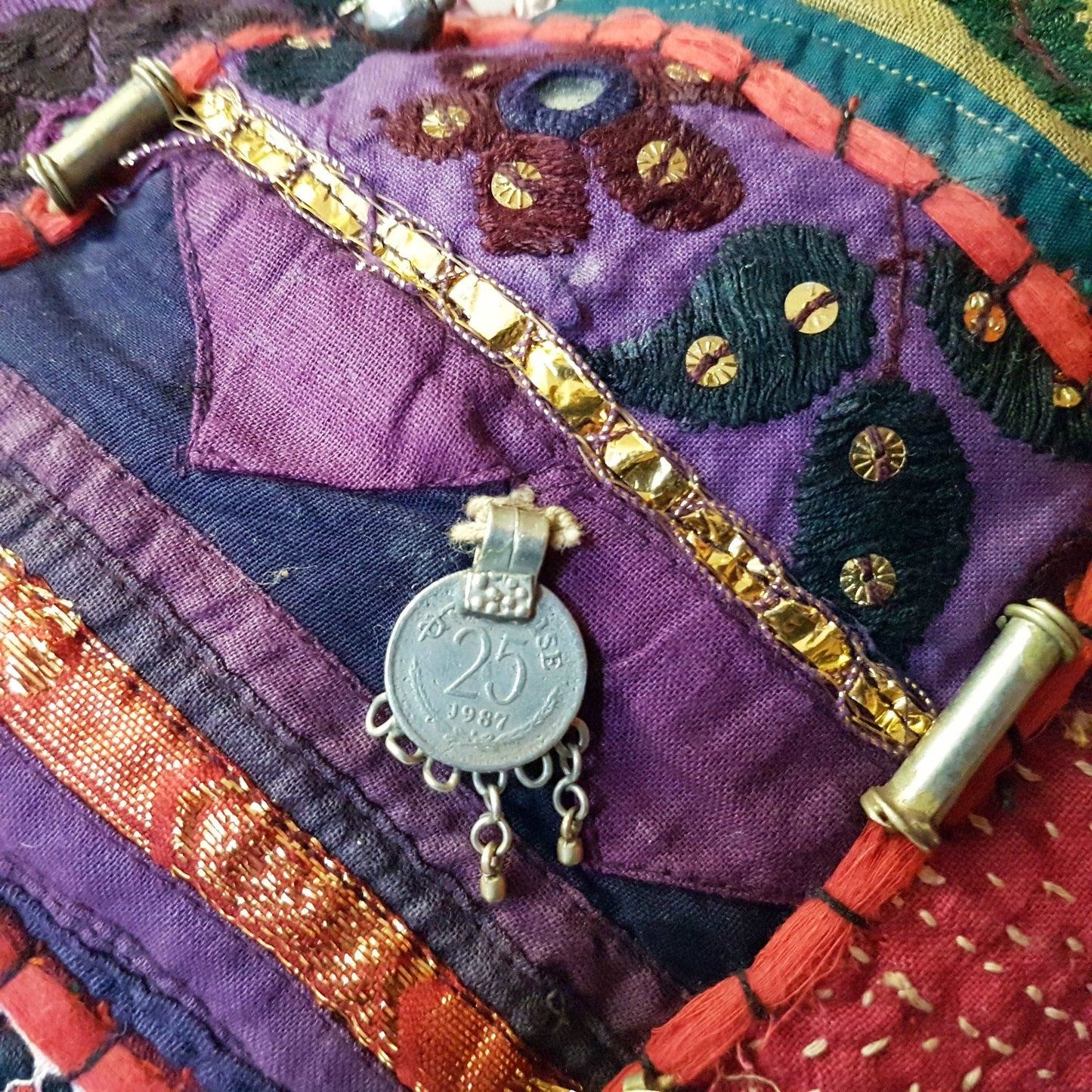 Banjara shoulder bag. Authentic vintage tribal gypsy tote with silver bead ornaments & embroidered mirror work. One of a kind. Rare find. - Vintage India Ca