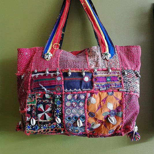 Banjara shoulder bag. Authentic vintage tribal gypsy dowry bag in rich red & orange with hand embroidery and silver bead work decoration. - Vintage India Ca