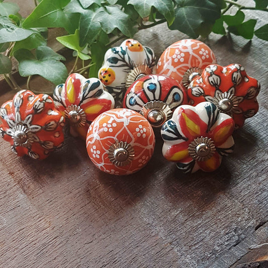8 colorful hand painted cabinet knobs. 8 piece set of drawer pulls for dressers & desks.  Coral Dream designer collection of 8 pieces. - Vintage India Ca