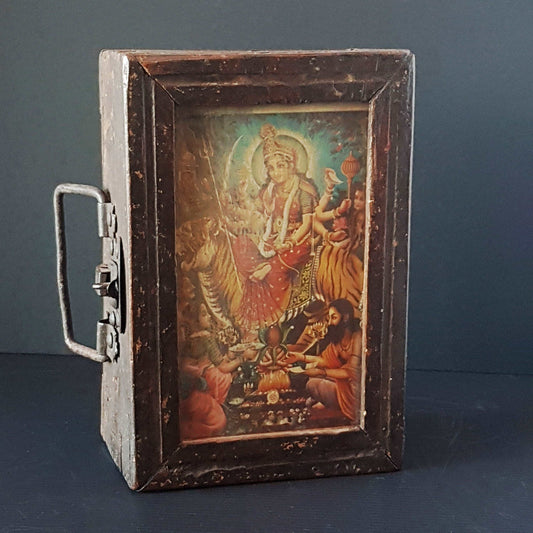Antique Barber box with vintage framed oleograph print box cover. Barber's rustic wood toolbox with original mirror. Size 8 x 5.5 x 3 inch. - Vintage India Ca