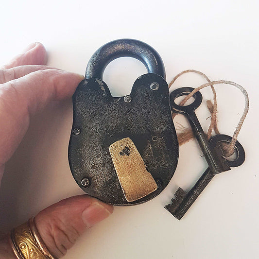 Antique finish bronze metal pad lock. Padlock 3.75 by 2 inches with 2 vintage keys. Unique old world design. Functional lock collectible. - Vintage India Ca