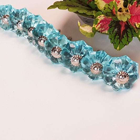 8 turquoise crystal cabinet door knobs. Transparent antique style turquoise drawer pulls. Furniture hardware knobs with silver accents. - Vintage India Ca
