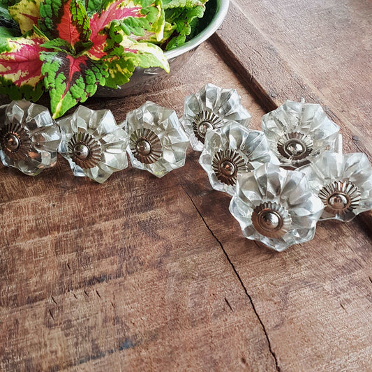 8 clear crystal glass cabinet knobs. Transparent vintage style drawer pulls. Furniture hardware with silver centers & fittings. 2 inches. - Vintage India Ca