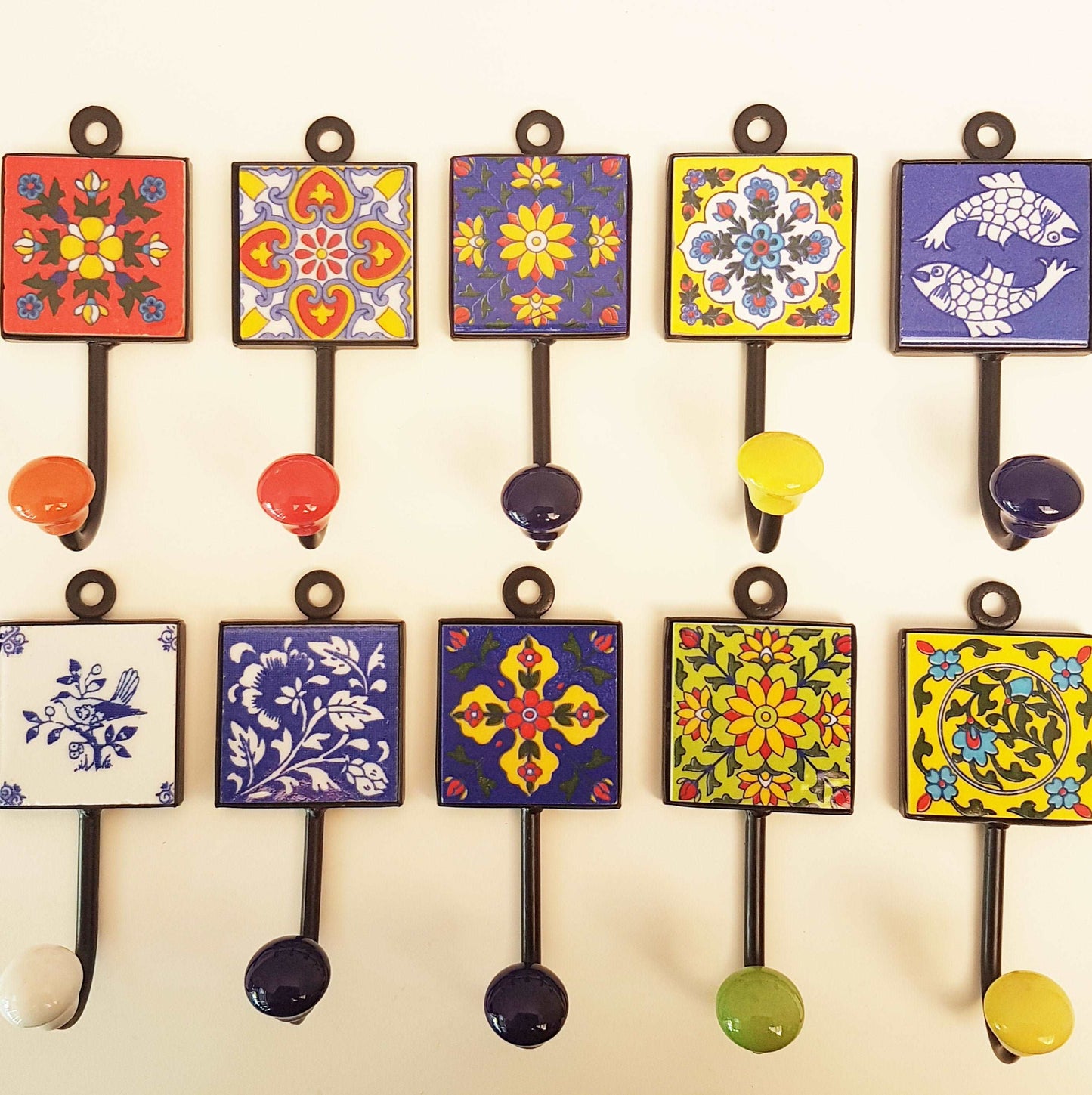 10 Coat hooks-wall hooks for functional home decor. Florenza exclusive collection of 10 hand painted ceramic hooks . 4.5 by 2 inch. - Vintage India Ca